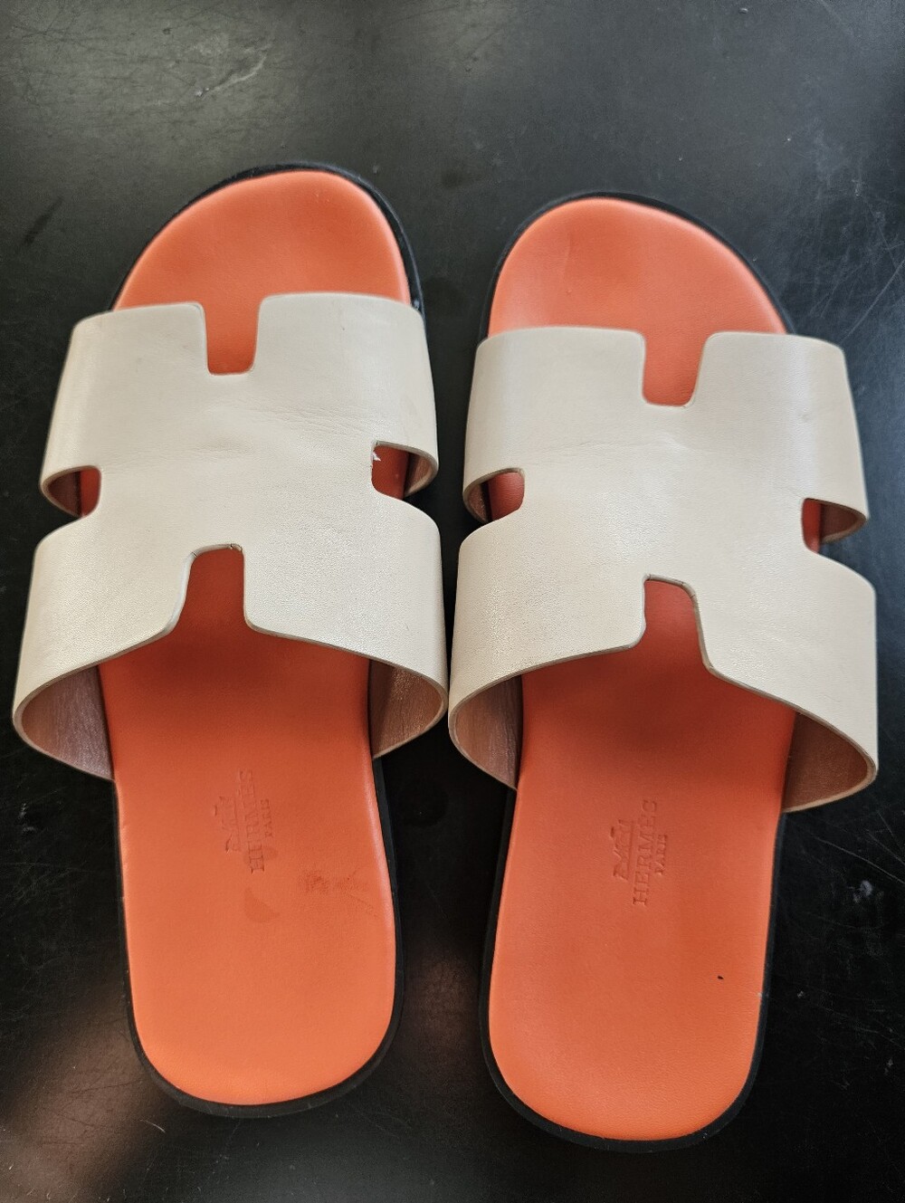 HERMES Izmir Leather Slides Sandals Neutral Tan Orange H Cutout Flat Mules